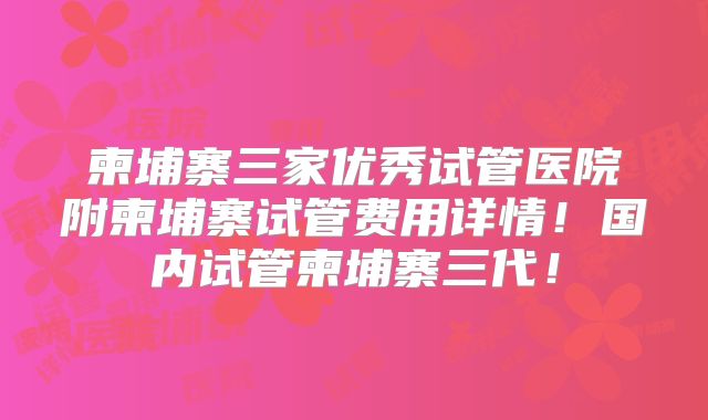 柬埔寨三家优秀试管医院附柬埔寨试管费用详情！国内试管柬埔寨三代！
