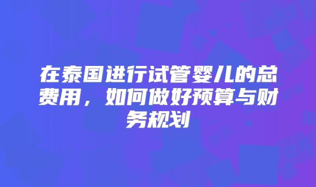 在泰国进行试管婴儿的总费用,如何做好预算与财务规划