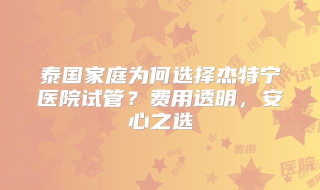 泰国家庭为何选择杰特宁医院试管?费用透明,安心之选