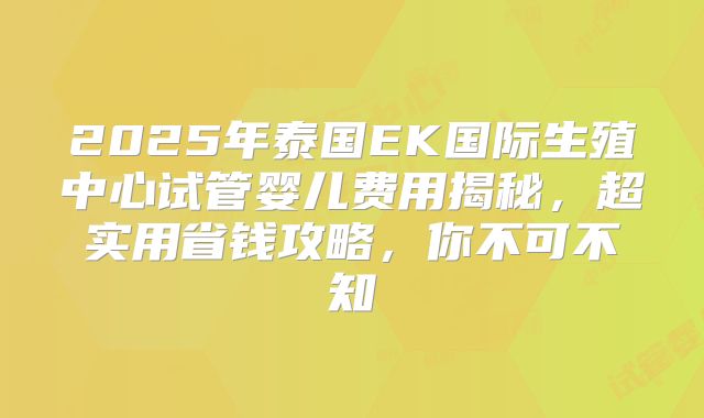 2025年泰国EK国际生殖中心试管婴儿费用揭秘,超实用省钱攻略,你不可不知