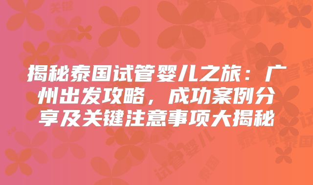 揭秘泰国试管婴儿之旅：广州出发攻略，成功案例分享及关键注意事项大揭秘