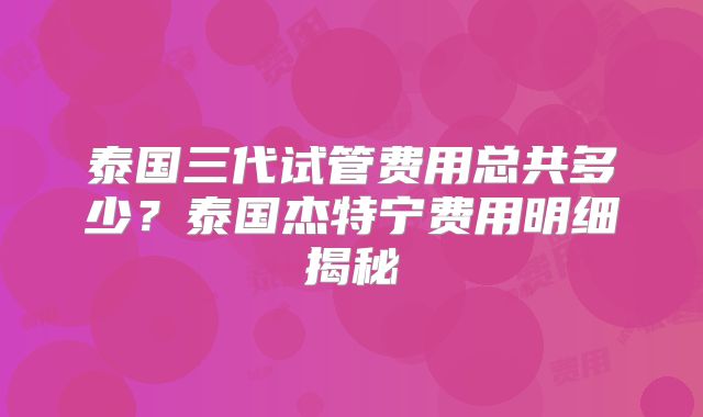泰国三代试管费用总共多少？泰国杰特宁费用明细揭秘