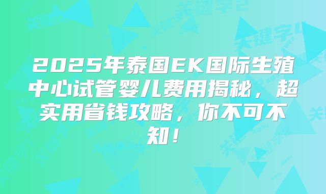 2025年泰国EK国际生殖中心试管婴儿费用揭秘，超实用省钱攻略，你不可不知！