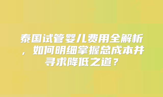 泰国试管婴儿费用全解析，如何明细掌握总成本并寻求降低之道？