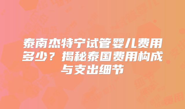 泰南杰特宁试管婴儿费用多少？揭秘泰国费用构成与支出细节