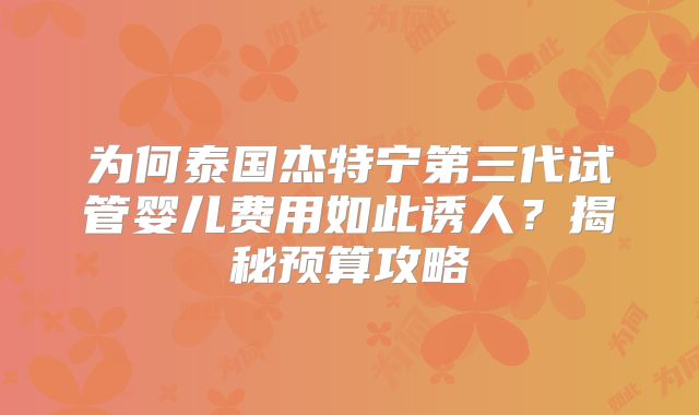 为何泰国杰特宁第三代试管婴儿费用如此诱人？揭秘预算攻略