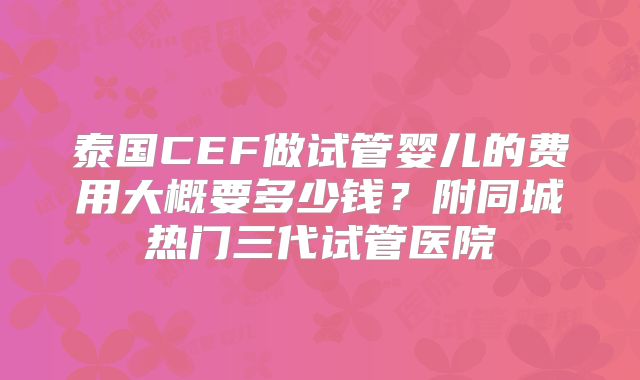泰国CEF做试管婴儿的费用大概要多少钱？附同城热门三代试管医院