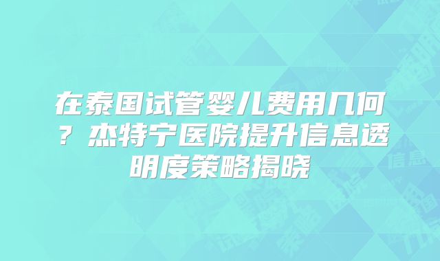 在泰国试管婴儿费用几何?杰特宁医院提升信息透明度策略揭晓