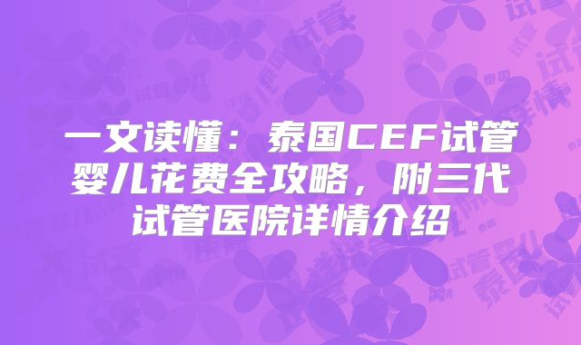 一文读懂:泰国CEF试管婴儿花费全攻略,附三代试管医院详情介绍