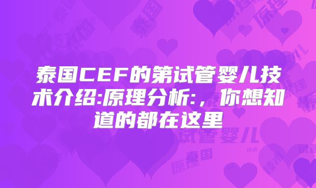 泰国CEF的第试管婴儿技术介绍:原理分析:，你想知道的都在这里
