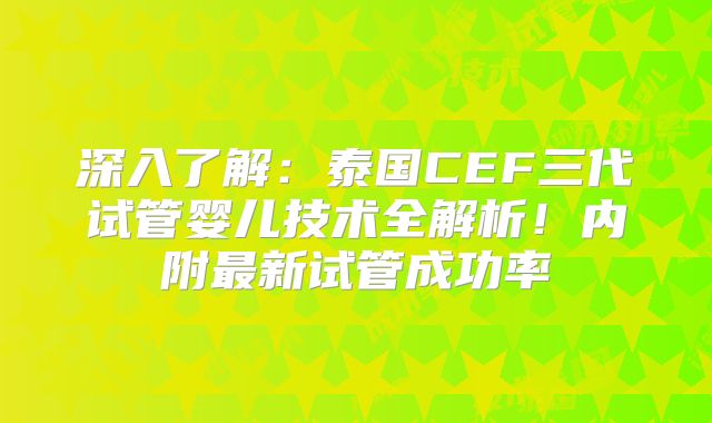 深入了解:泰国CEF三代试管婴儿技术全解析!内附最新试管成功率