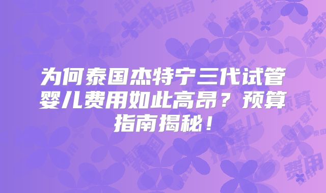 为何泰国杰特宁三代试管婴儿费用如此高昂？预算指南揭秘！