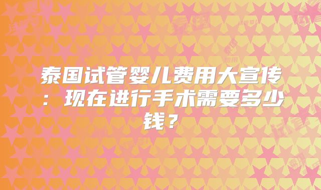 泰国试管婴儿费用大宣传：现在进行手术需要多少钱？