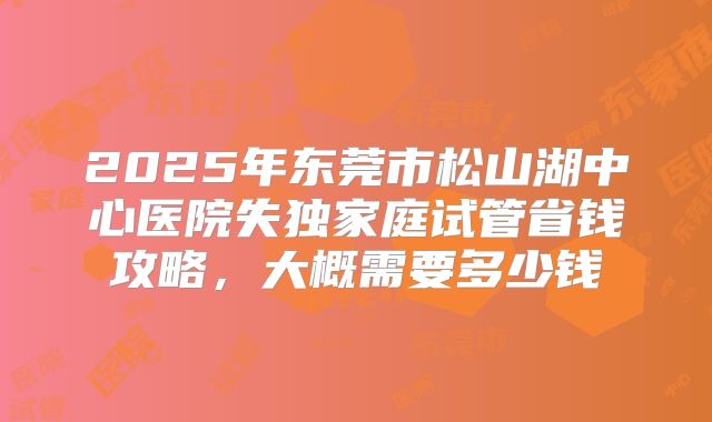2025年东莞市松山湖中心医院失独家庭试管省钱攻略，大概需要多少钱