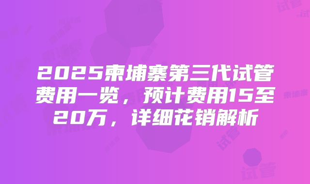 2025柬埔寨第三代试管费用一览,预计费用15至20万,详细花销解析