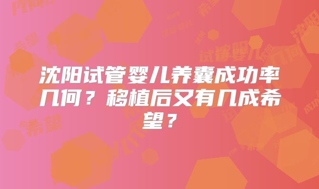 沈阳试管婴儿养囊成功率几何?移植后又有几成希望?