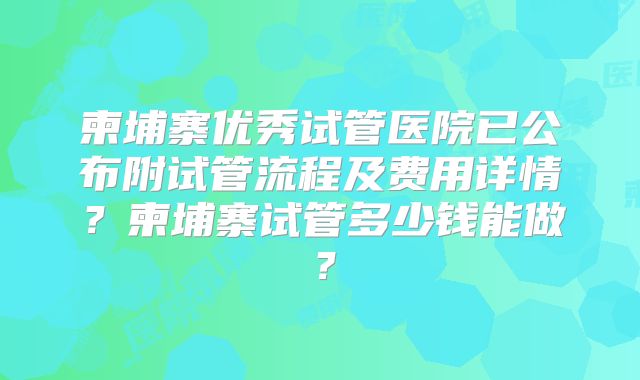 柬埔寨优秀试管医院已公布附试管流程及费用详情？柬埔寨试管多少钱能做？
