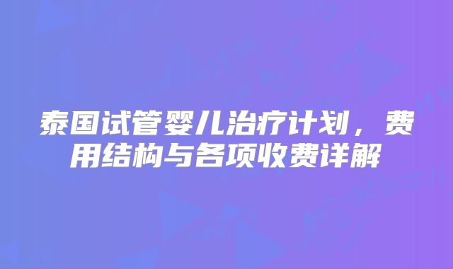 泰国试管婴儿治疗计划,费用结构与各项收费详解