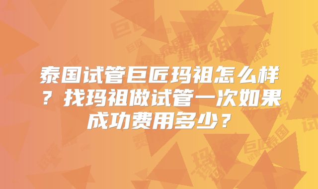 泰国试管巨匠玛祖怎么样?找玛祖做试管一次如果成功费用多少?