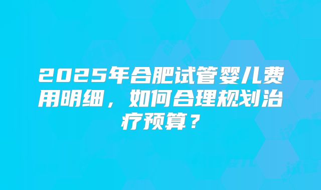 2025年合肥试管婴儿费用明细,如何合理规划治疗预算?