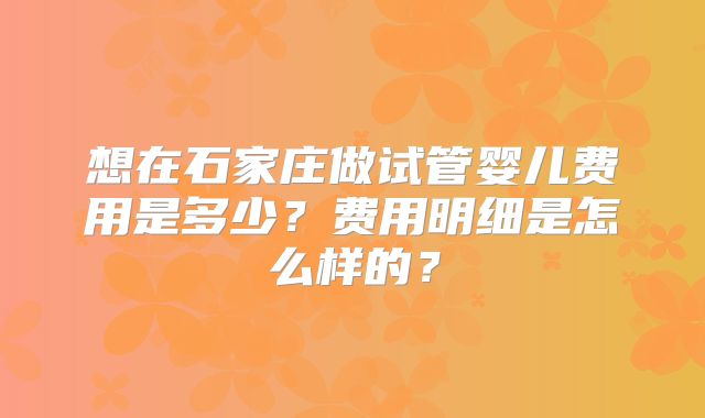 想在石家庄做试管婴儿费用是多少？费用明细是怎么样的？
