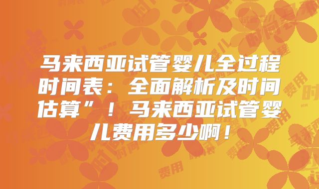 马来西亚试管婴儿全过程时间表：全面解析及时间估算”！马来西亚试管婴儿费用多少啊！